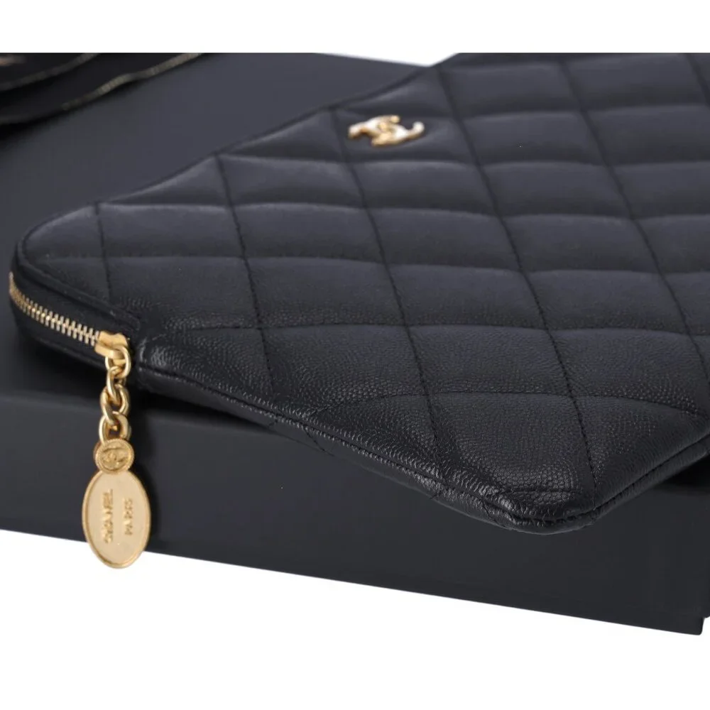 CHANEL Matelasse Clutch Bag Quilted Zip Pouch Black Caviar Leather Full Set - Picture 4 of 9